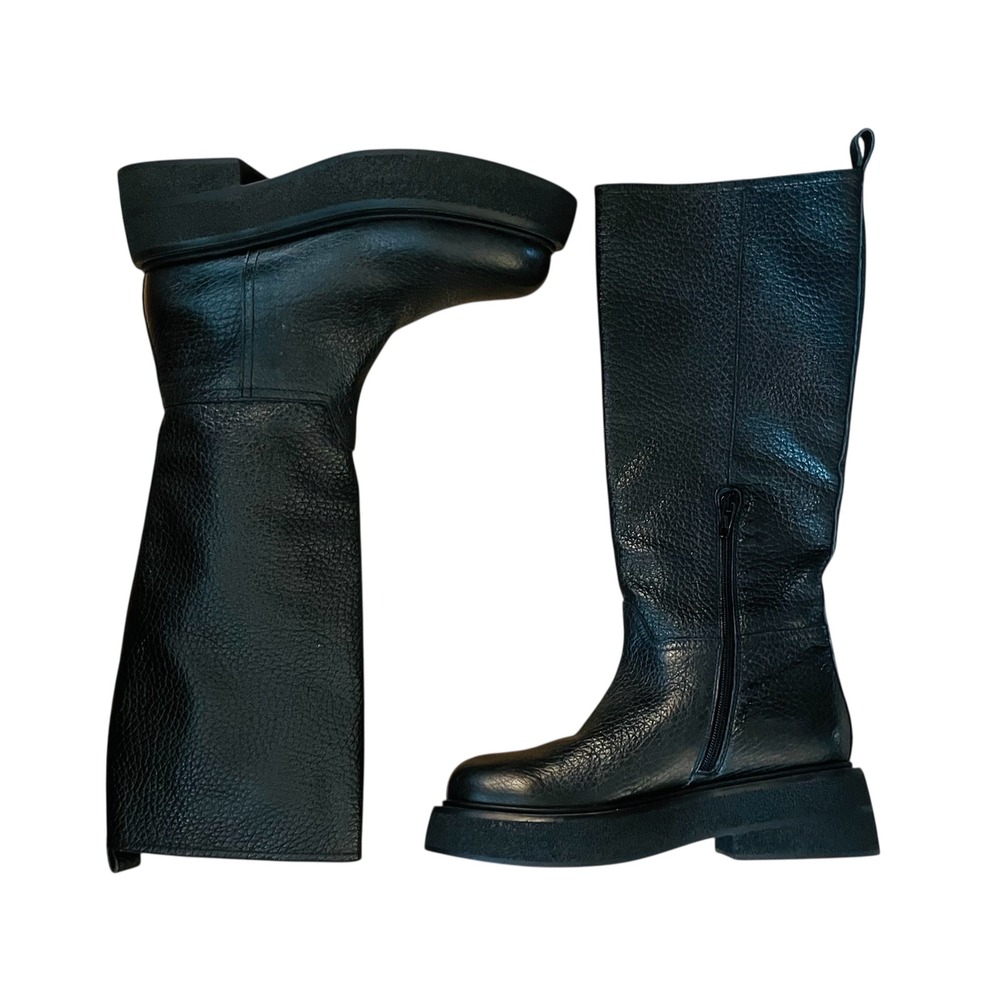 Black Leather Mid-Calf Platform Boots with Side Zip